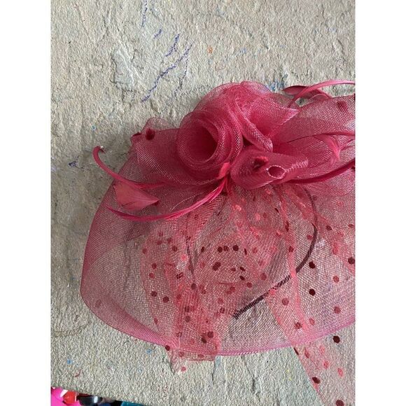 Vintage Hat Fascinator Kentucky Derby Red Rise Polkadot Sheer Headband Mesh - Picture 2 of 11